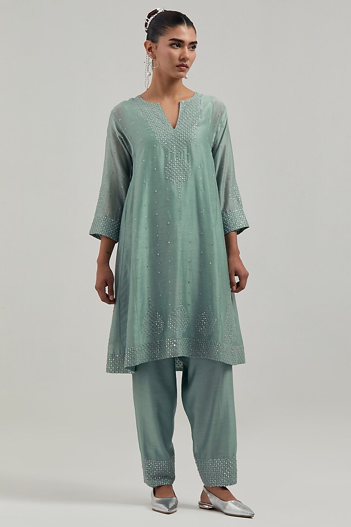 Blue Silk Chanderi Mirror Embroidered Short Kalidar Kurta Set by Kora at Pernia's Pop Up Shop