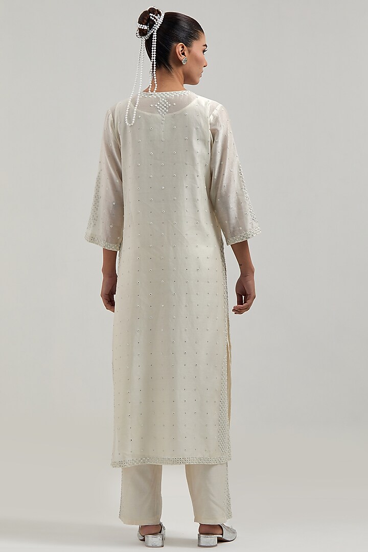 Off-White Silk Chanderi Mirror Embroidered Straight Kurta Set by Kora at Pernia's Pop Up Shop