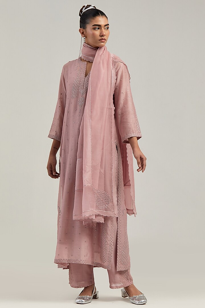 Pink Silk Chanderi Mirror Embroidered Straight Kurta Set by Kora at Pernia's Pop Up Shop