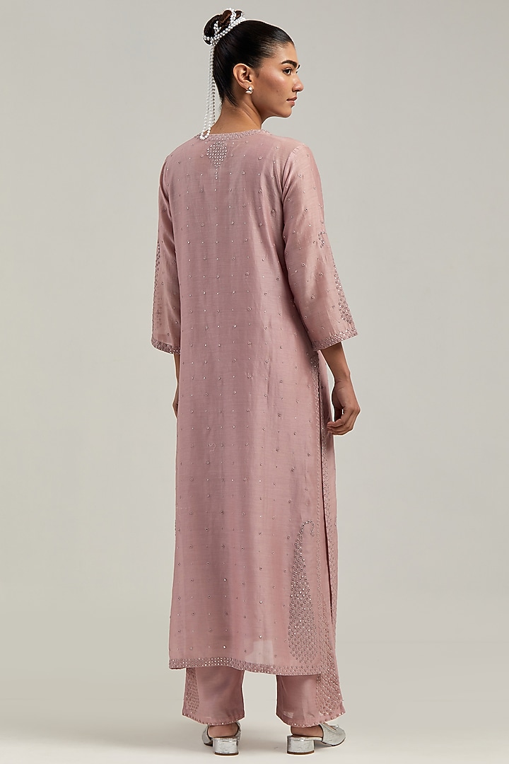 Pink Silk Chanderi Mirror Embroidered Straight Kurta Set by Kora at Pernia's Pop Up Shop