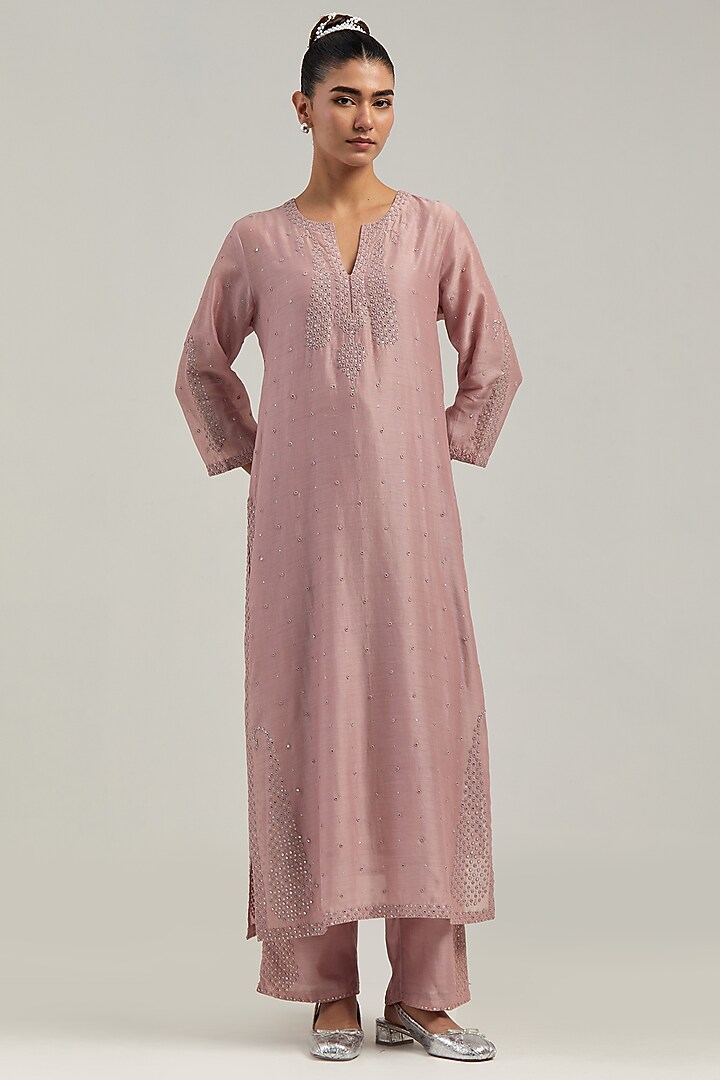 Pink Silk Chanderi Mirror Embroidered Straight Kurta Set by Kora at Pernia's Pop Up Shop