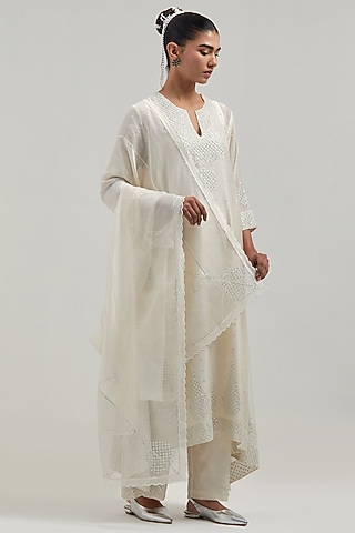Off-White Silk Chanderi Mirror Embroidered Asymmetric Kurta Set by Kora