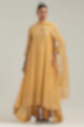 Yellow Silk Chanderi Mirror Embroidered Asymmetric Kurta Set by Kora at Pernia's Pop Up Shop