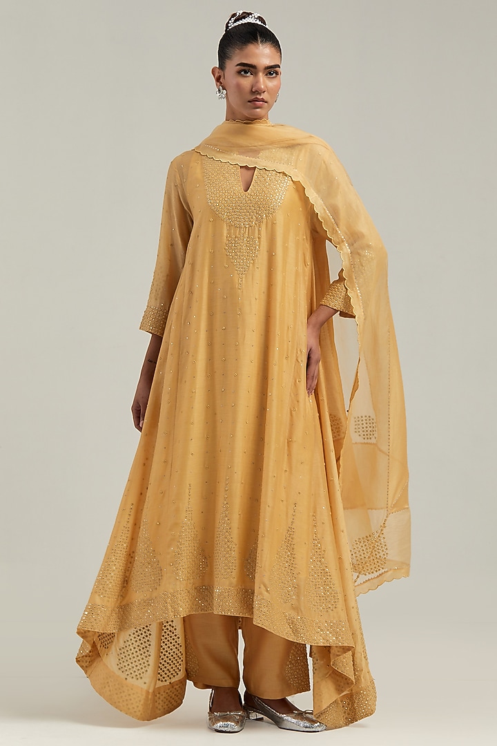 Yellow Silk Chanderi Mirror Embroidered Asymmetric Kurta Set by Kora at Pernia's Pop Up Shop