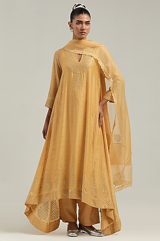 Yellow Silk Chanderi Mirror Embroidered Asymmetric Kurta Set by Kora