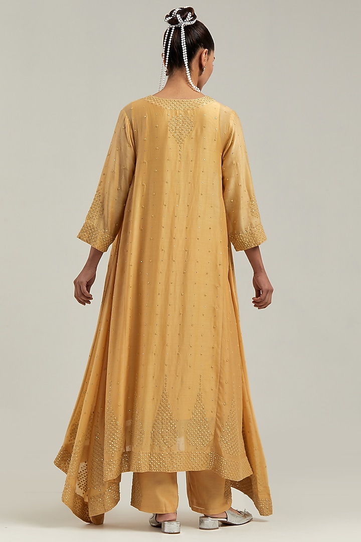 Yellow Silk Chanderi Mirror Embroidered Asymmetric Kurta Set by Kora at Pernia's Pop Up Shop