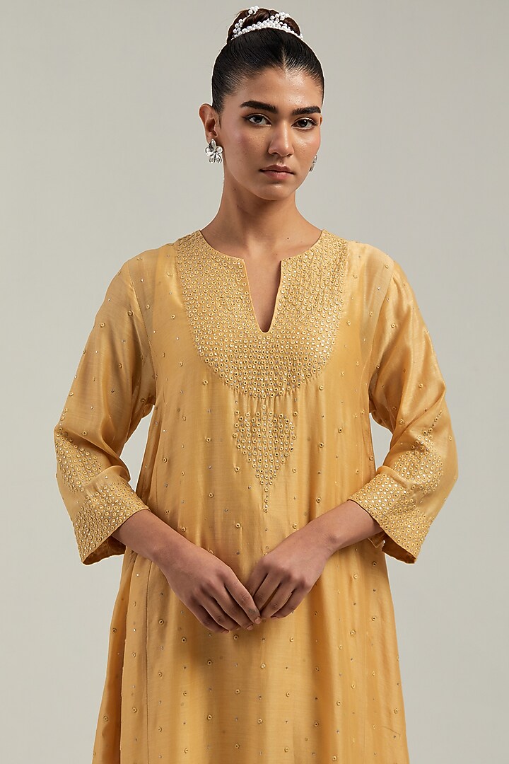 Yellow Silk Chanderi Mirror Embroidered Asymmetric Kurta Set by Kora at Pernia's Pop Up Shop