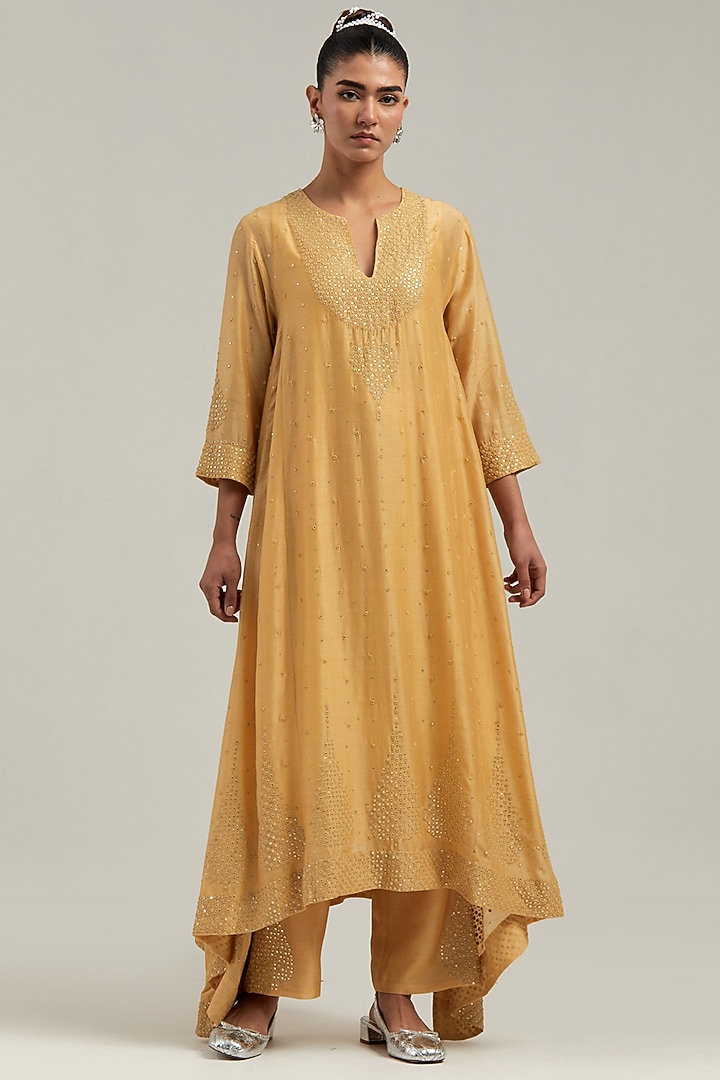 Yellow Silk Chanderi Mirror Embroidered Asymmetric Kurta Set by Kora at Pernia's Pop Up Shop