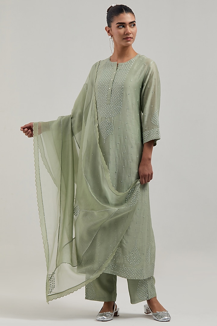 Green Silk Chanderi Mirror Embroidered Straight Kurta Set by Kora at Pernia's Pop Up Shop