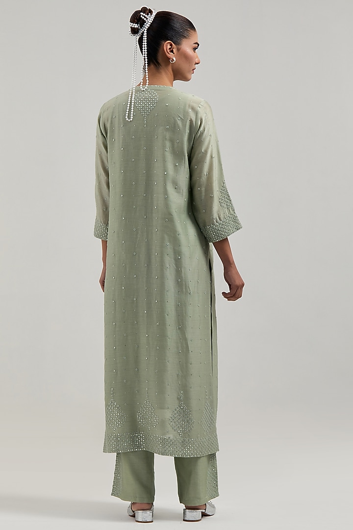 Green Silk Chanderi Mirror Embroidered Straight Kurta Set by Kora at Pernia's Pop Up Shop