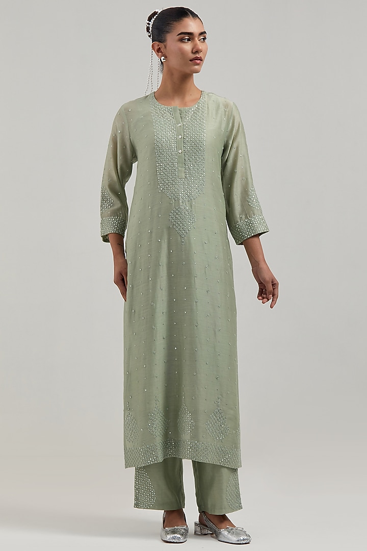 Green Silk Chanderi Mirror Embroidered Straight Kurta Set by Kora at Pernia's Pop Up Shop