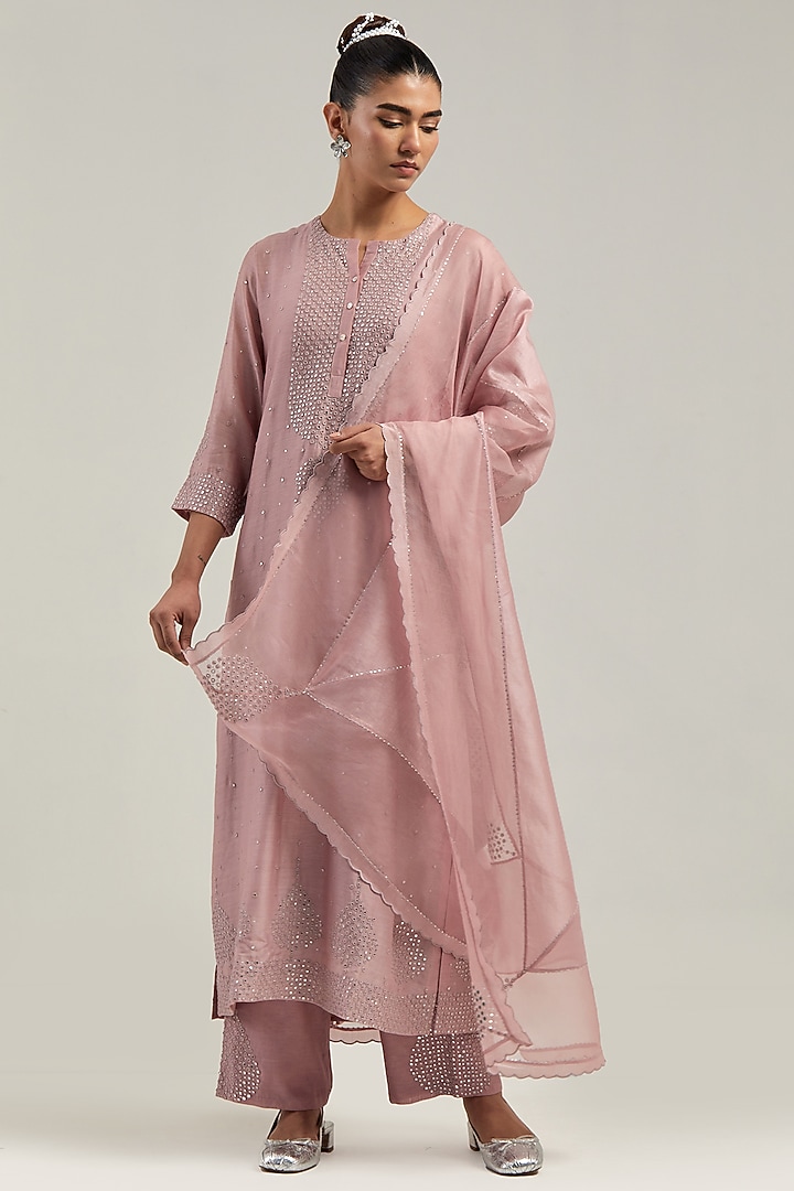 Pink Silk Chanderi Mirror Embroidered Straight Kurta Set by Kora at Pernia's Pop Up Shop