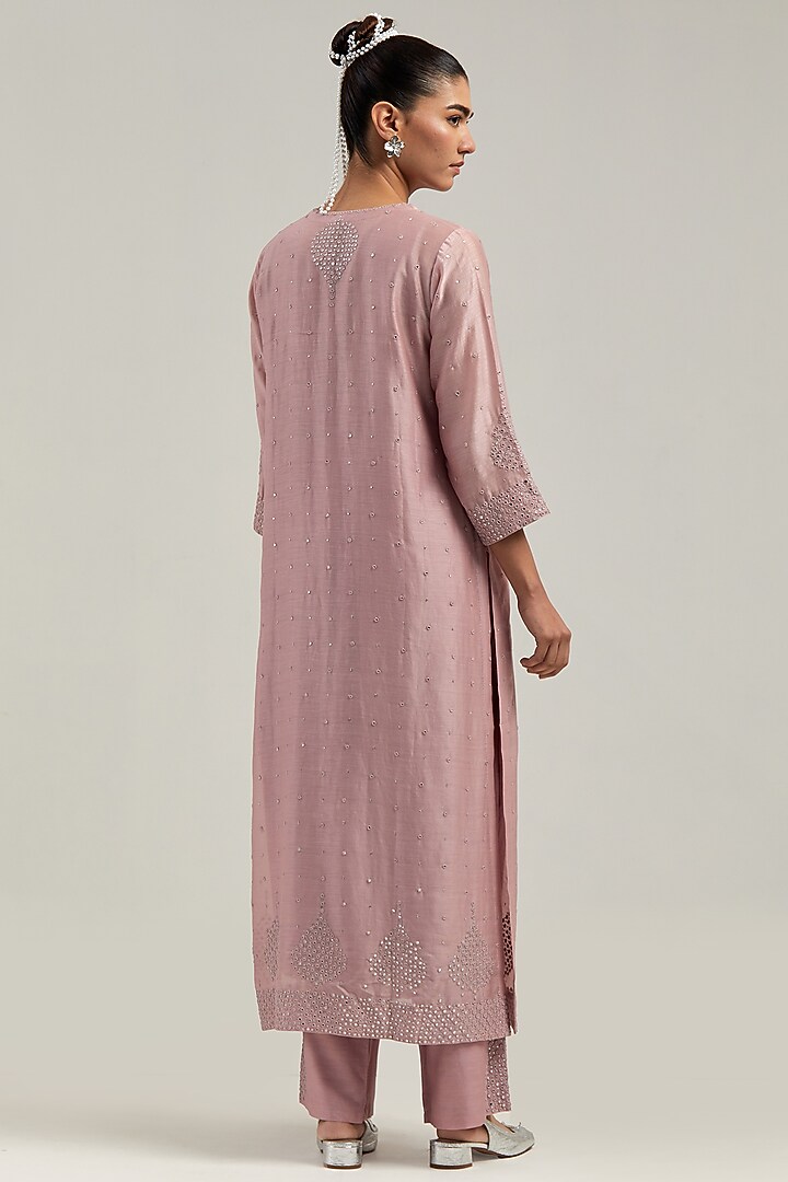 Pink Silk Chanderi Mirror Embroidered Straight Kurta Set by Kora at Pernia's Pop Up Shop
