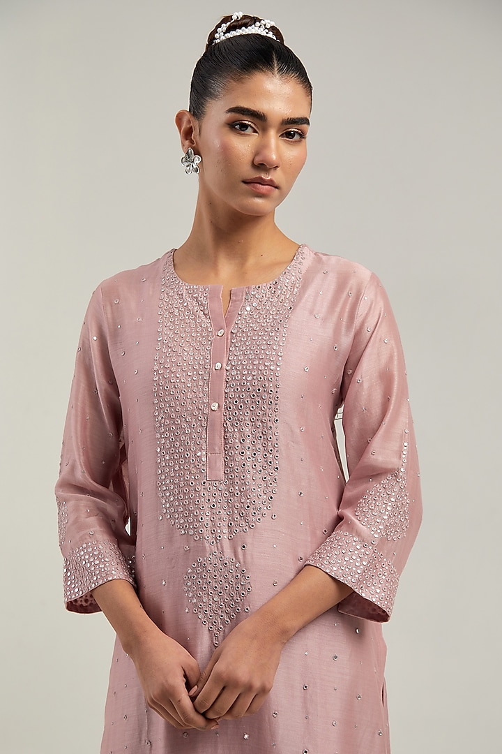 Pink Silk Chanderi Mirror Embroidered Straight Kurta Set by Kora at Pernia's Pop Up Shop