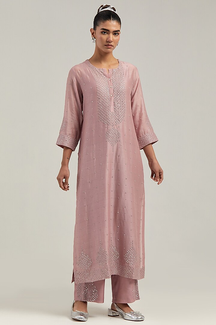 Pink Silk Chanderi Mirror Embroidered Straight Kurta Set by Kora at Pernia's Pop Up Shop