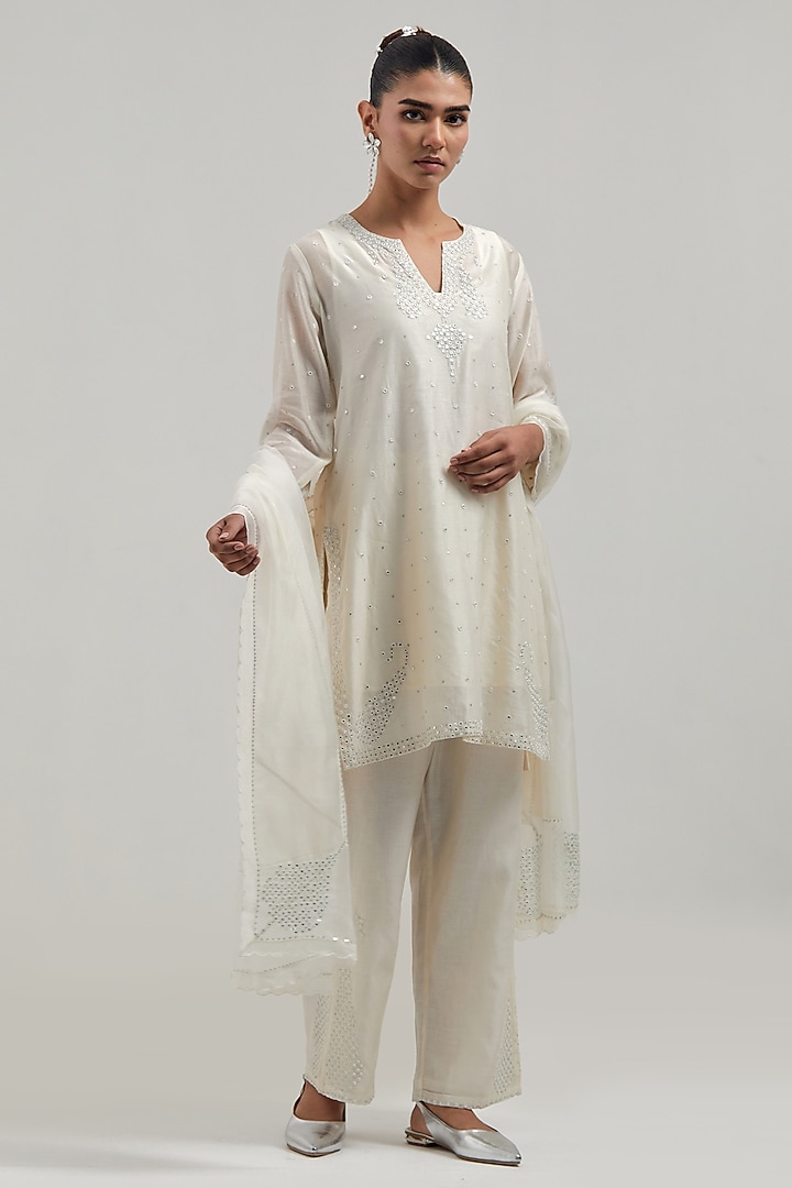 Off White Silk Chanderi Mirror Embroidered Short Kurta Set by Kora at Pernia's Pop Up Shop