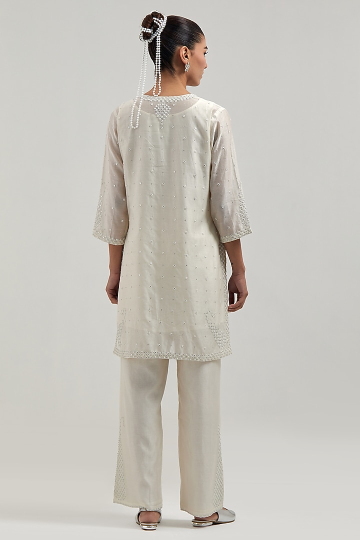 Off White Silk Chanderi Mirror Embroidered Short Kurta Set by Kora at Pernia's Pop Up Shop