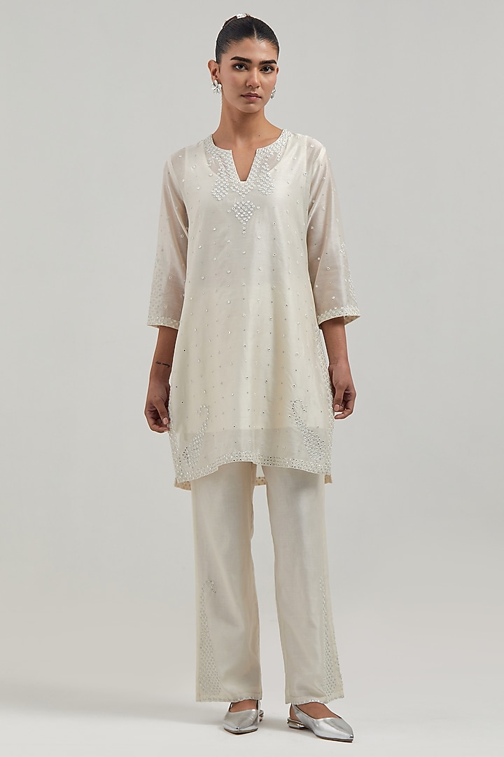 Off White Silk Chanderi Mirror Embroidered Short Kurta Set by Kora at Pernia's Pop Up Shop