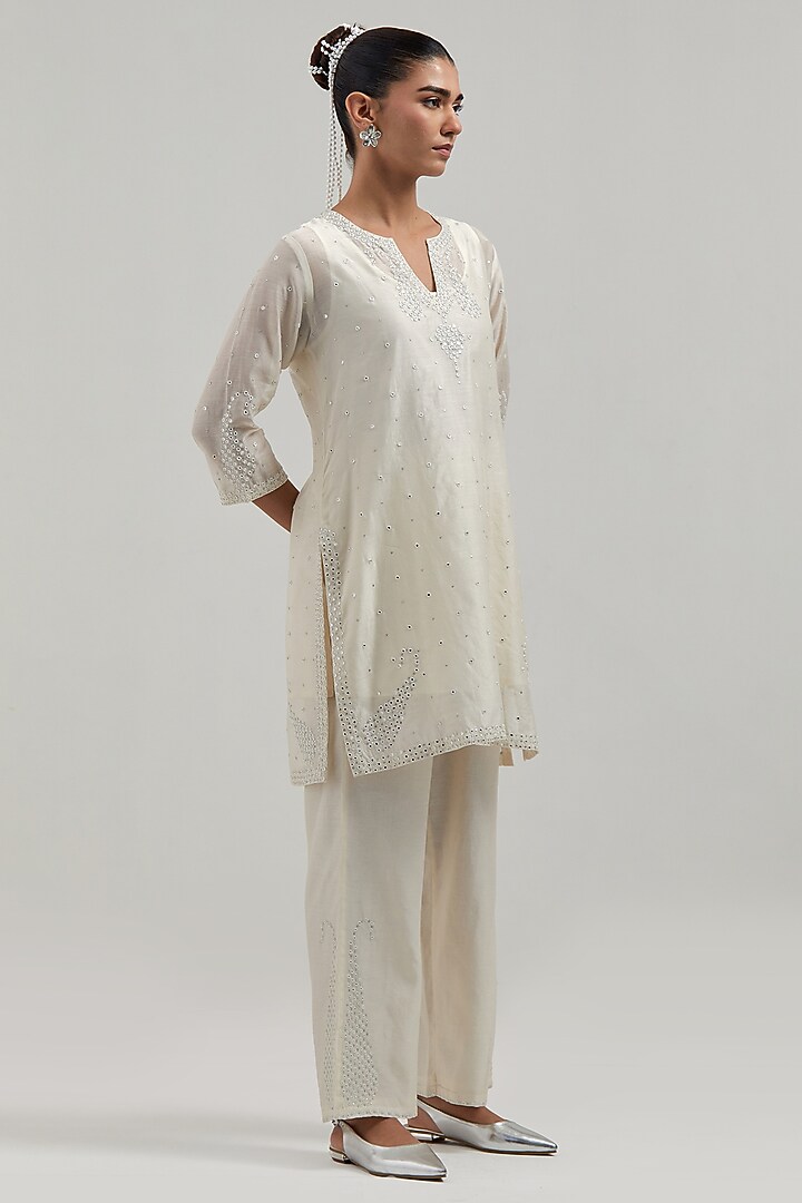 Off White Silk Chanderi Mirror Embroidered Short Kurta Set by Kora at Pernia's Pop Up Shop