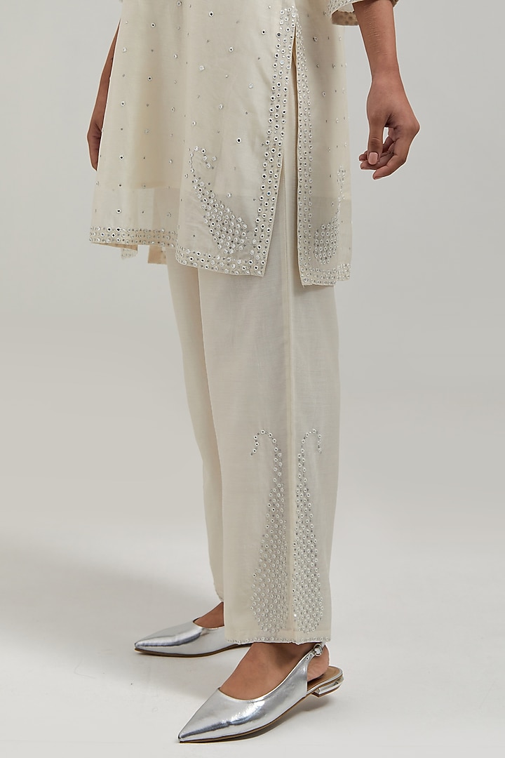 Off White Silk Chanderi Mirror Embroidered Short Kurta Set by Kora at Pernia's Pop Up Shop