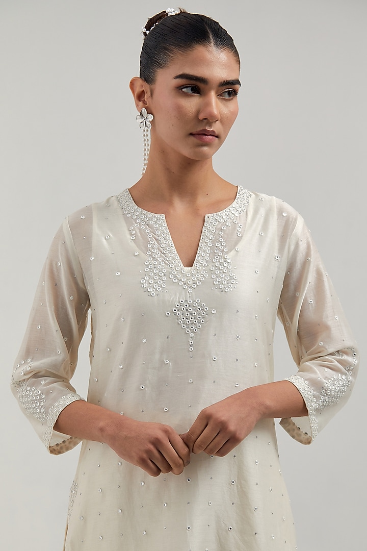 Off White Silk Chanderi Mirror Embroidered Short Kurta Set by Kora at Pernia's Pop Up Shop