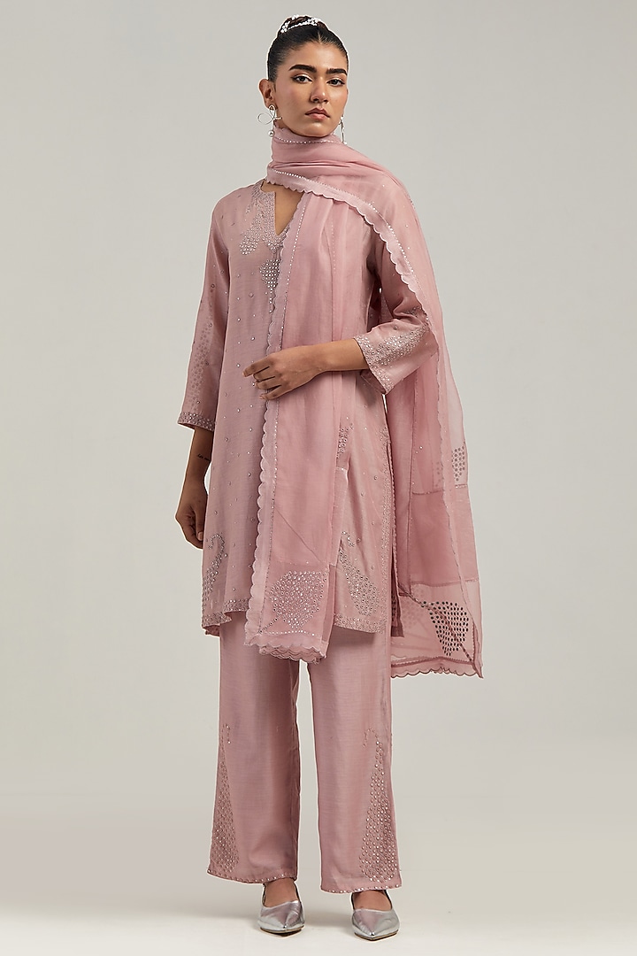 Pink Silk Chanderi Mirror Embroidered Short Kurta Set by Kora at Pernia's Pop Up Shop