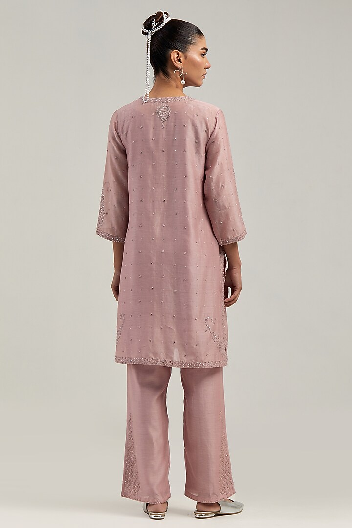 Pink Silk Chanderi Mirror Embroidered Short Kurta Set by Kora at Pernia's Pop Up Shop