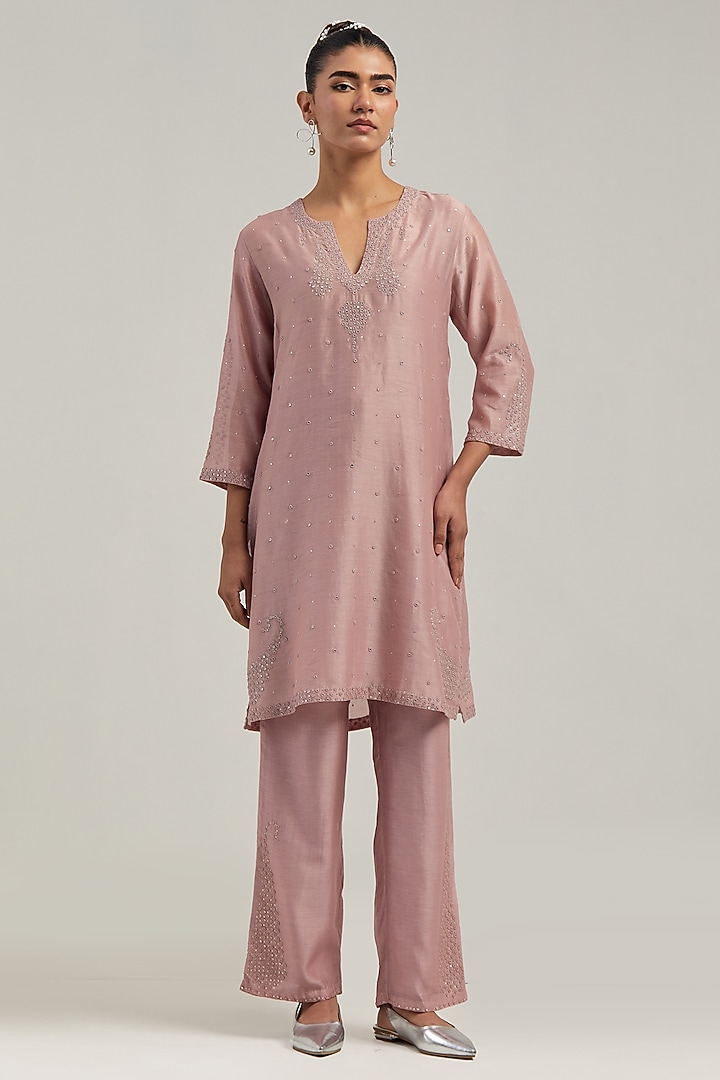 Pink Silk Chanderi Mirror Embroidered Short Kurta Set by Kora at Pernia's Pop Up Shop