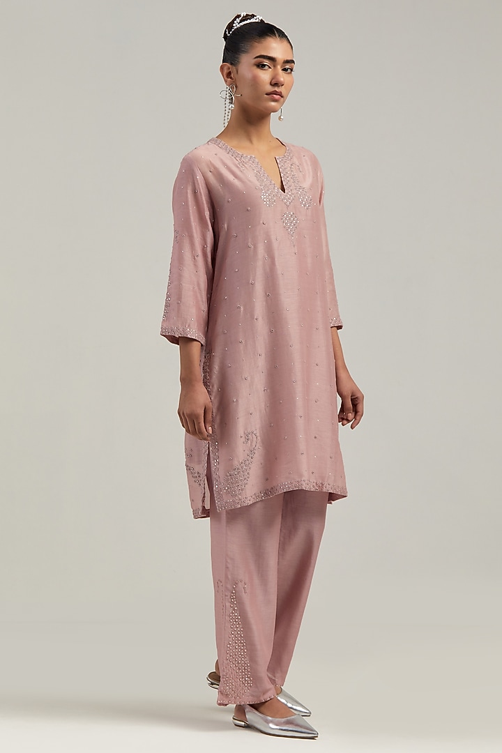 Pink Silk Chanderi Mirror Embroidered Short Kurta Set by Kora at Pernia's Pop Up Shop