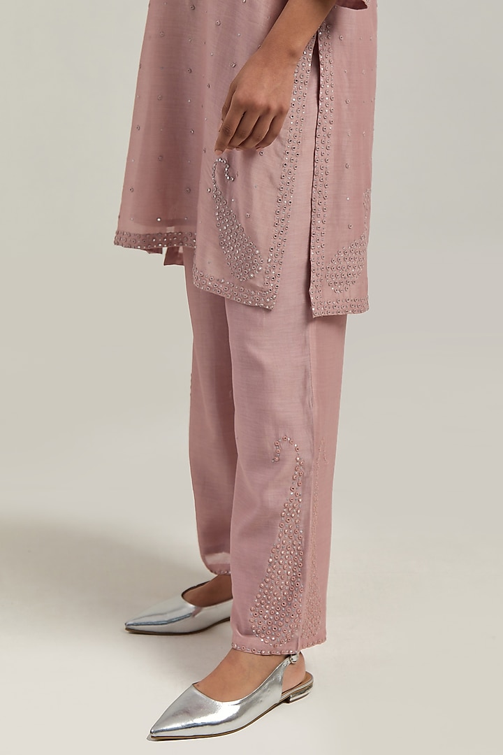 Pink Silk Chanderi Mirror Embroidered Short Kurta Set by Kora at Pernia's Pop Up Shop