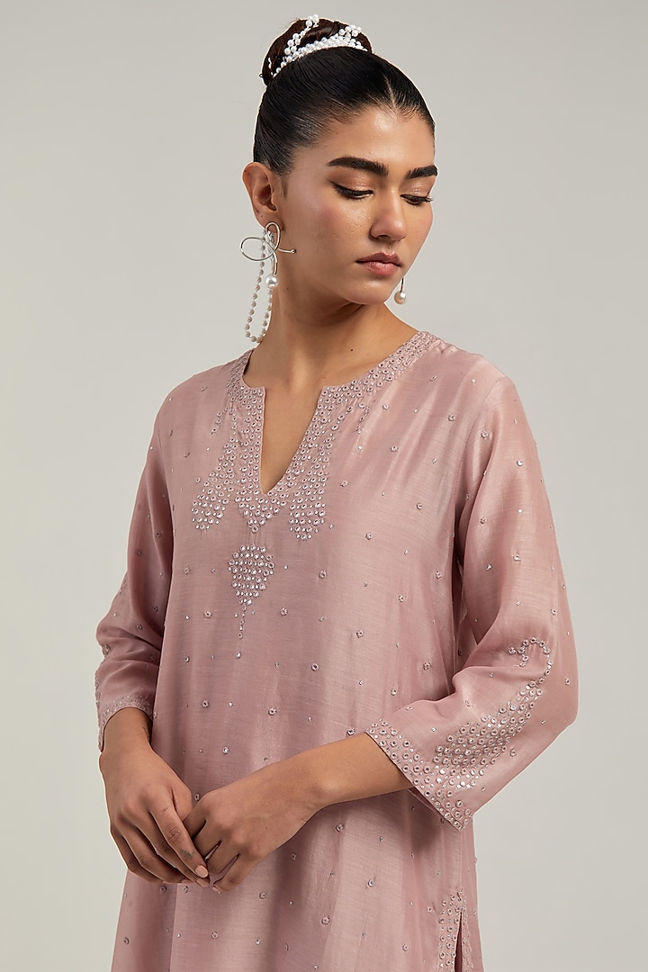 Pink Silk Chanderi Mirror Embroidered Short Kurta Set by Kora at Pernia's Pop Up Shop