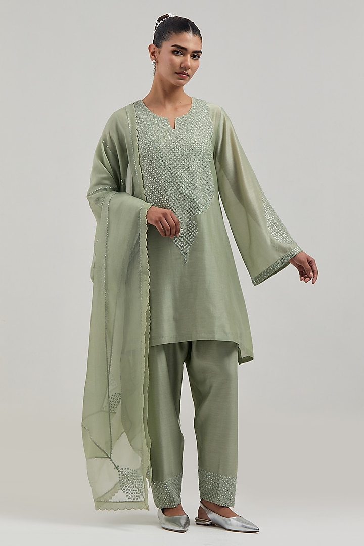 Green Silk Chanderi Mirror Embroidered Short A-Line Kurta Set by Kora at Pernia's Pop Up Shop