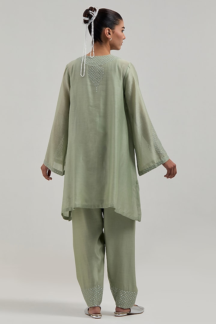 Green Silk Chanderi Mirror Embroidered Short A-Line Kurta Set by Kora at Pernia's Pop Up Shop