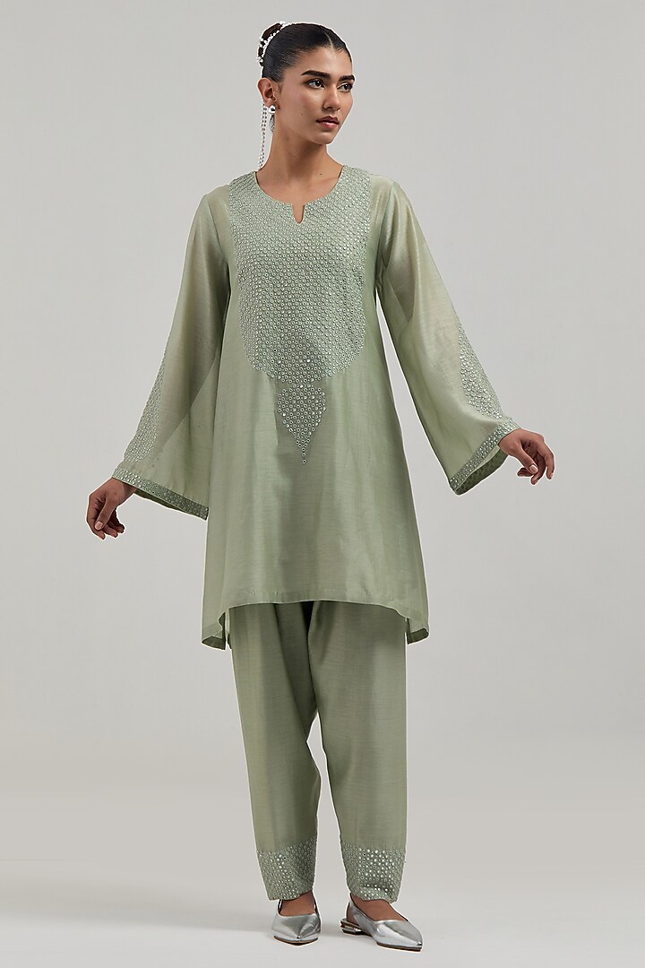 Green Silk Chanderi Mirror Embroidered Short A-Line Kurta Set by Kora at Pernia's Pop Up Shop