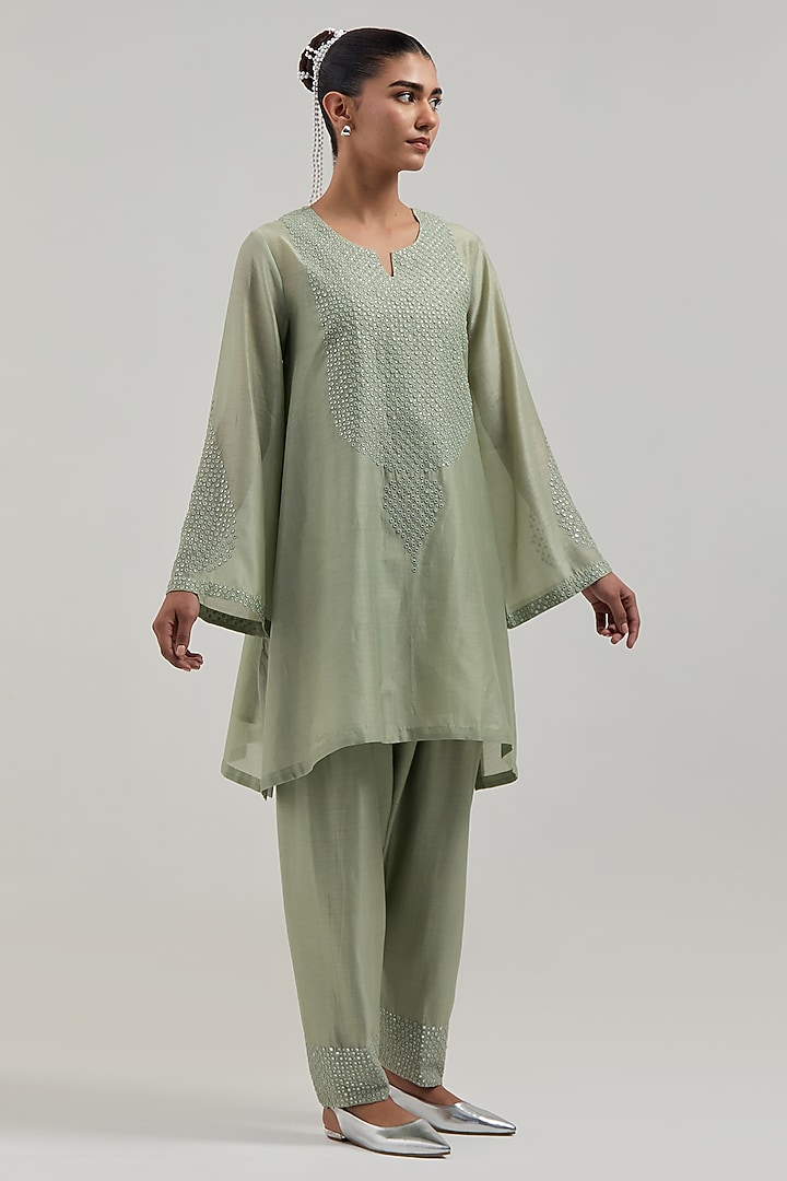 Green Silk Chanderi Mirror Embroidered Short A-Line Kurta Set by Kora at Pernia's Pop Up Shop