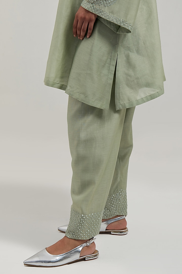 Green Silk Chanderi Mirror Embroidered Short A-Line Kurta Set by Kora at Pernia's Pop Up Shop