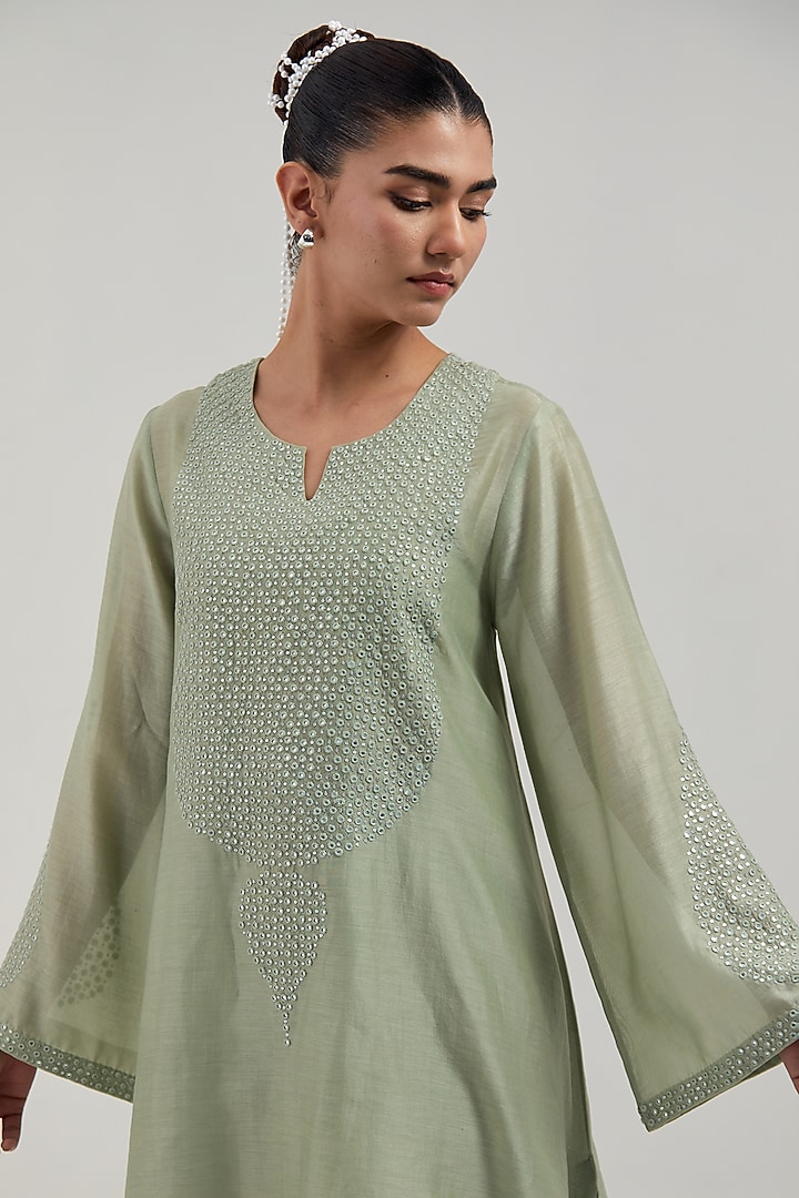 Green Silk Chanderi Mirror Embroidered Short A-Line Kurta Set by Kora at Pernia's Pop Up Shop