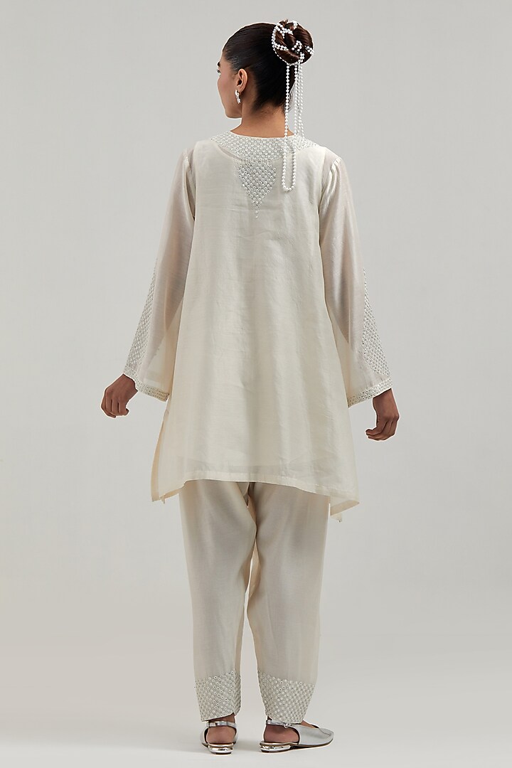 Off-White Silk Chanderi Mirror Embroidered Short A-Line Kurta Set by Kora at Pernia's Pop Up Shop