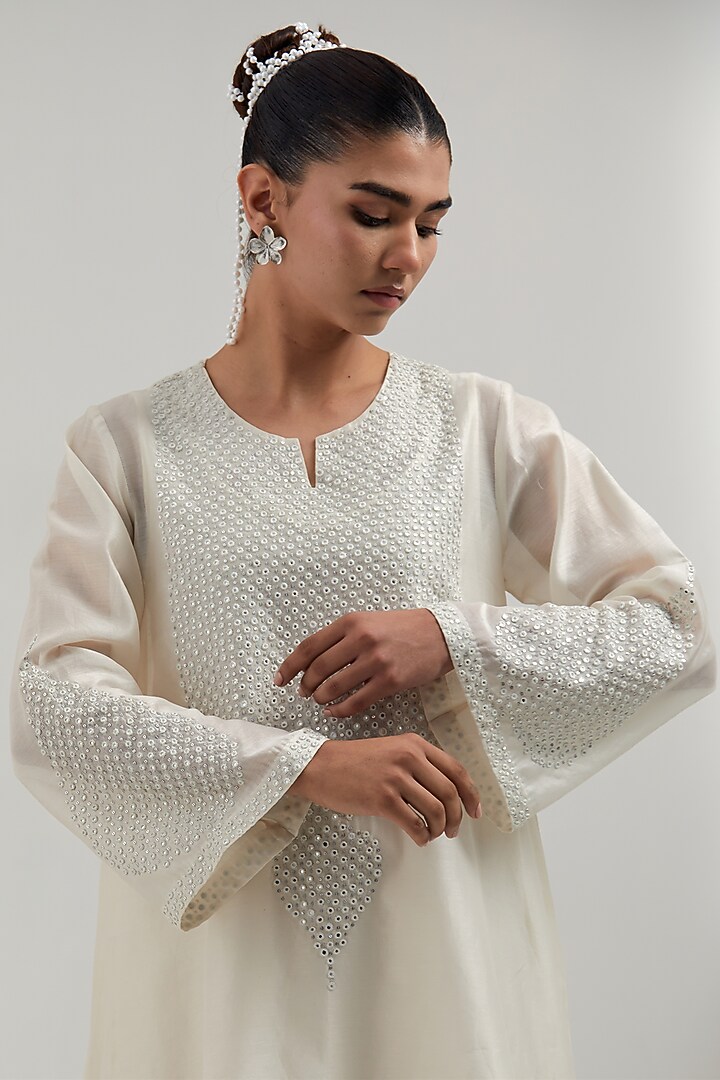 Off-White Silk Chanderi Mirror Embroidered Short A-Line Kurta Set by Kora at Pernia's Pop Up Shop