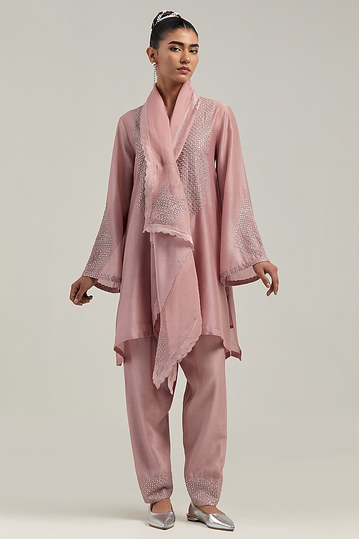 Pink Silk Chanderi Mirror Embroidered Short A-Line Kurta Set by Kora at Pernia's Pop Up Shop