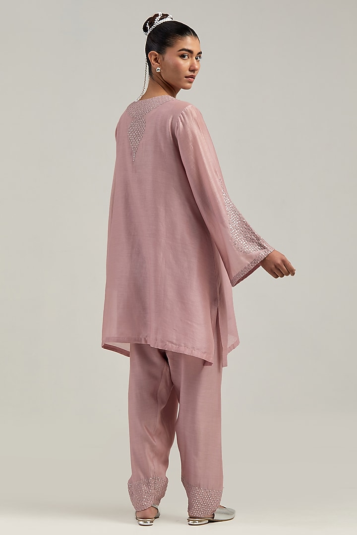 Pink Silk Chanderi Mirror Embroidered Short A-Line Kurta Set by Kora at Pernia's Pop Up Shop