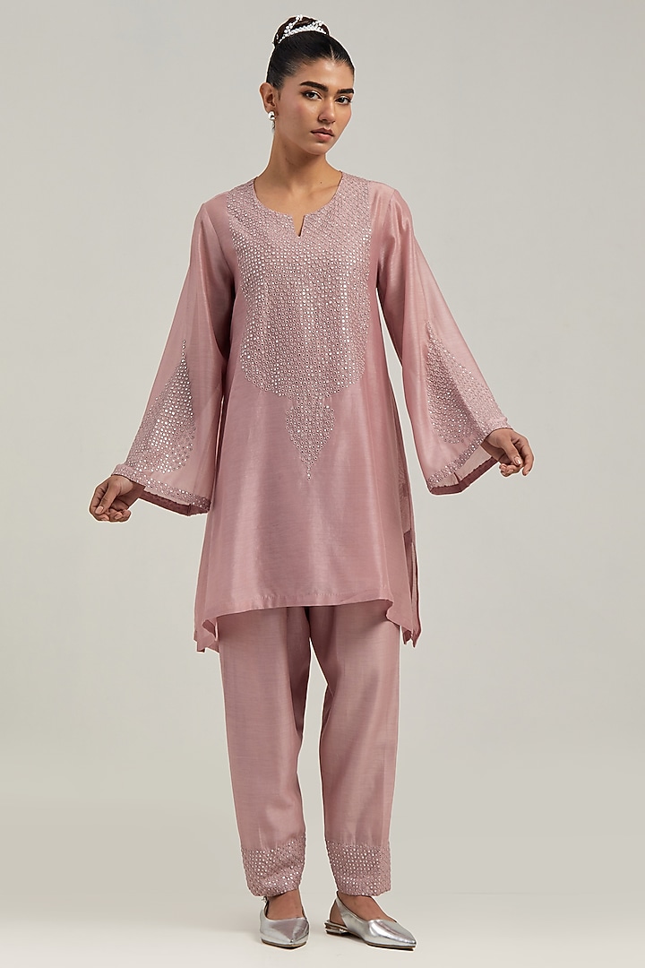 Pink Silk Chanderi Mirror Embroidered Short A-Line Kurta Set by Kora at Pernia's Pop Up Shop
