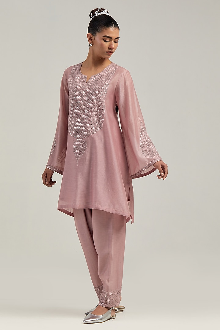 Pink Silk Chanderi Mirror Embroidered Short A-Line Kurta Set by Kora at Pernia's Pop Up Shop