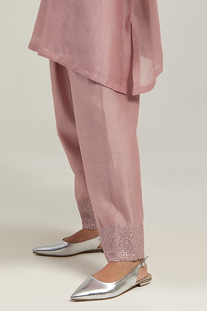 Pink Silk Chanderi Mirror Embroidered Short A-Line Kurta Set by Kora at Pernia's Pop Up Shop