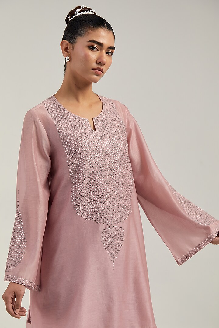 Pink Silk Chanderi Mirror Embroidered Short A-Line Kurta Set by Kora at Pernia's Pop Up Shop