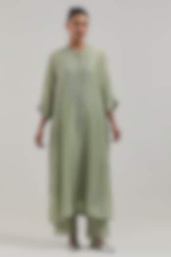 Green Silk Chanderi Mirror Embroidered Kaftan Set by Kora at Pernia's Pop Up Shop