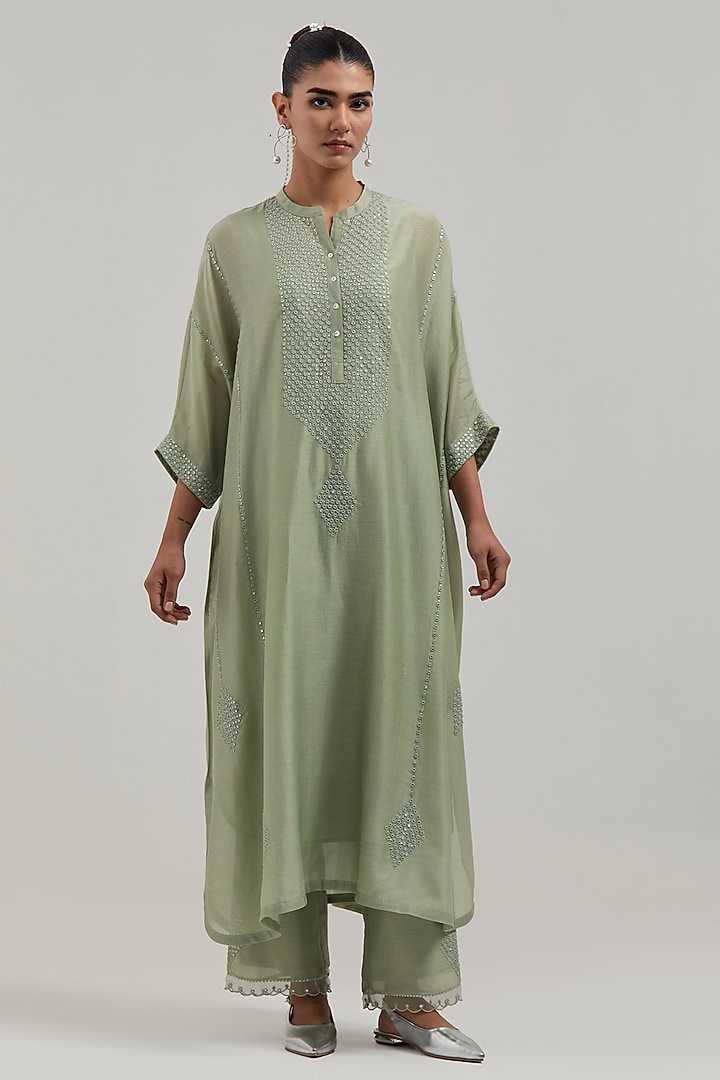 Green Silk Chanderi Mirror Embroidered Kaftan Set by Kora at Pernia's Pop Up Shop