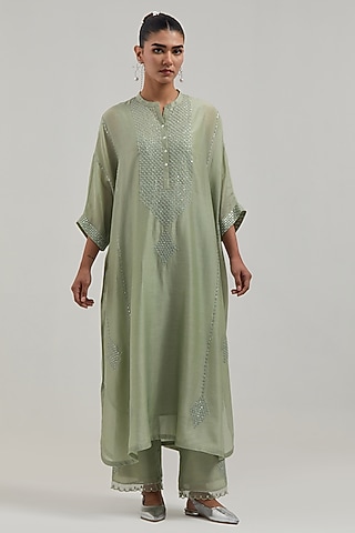 Green Silk Chanderi Mirror Embroidered Kaftan Set by kora
