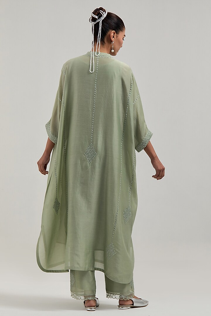 Green Silk Chanderi Mirror Embroidered Kaftan Set by Kora at Pernia's Pop Up Shop