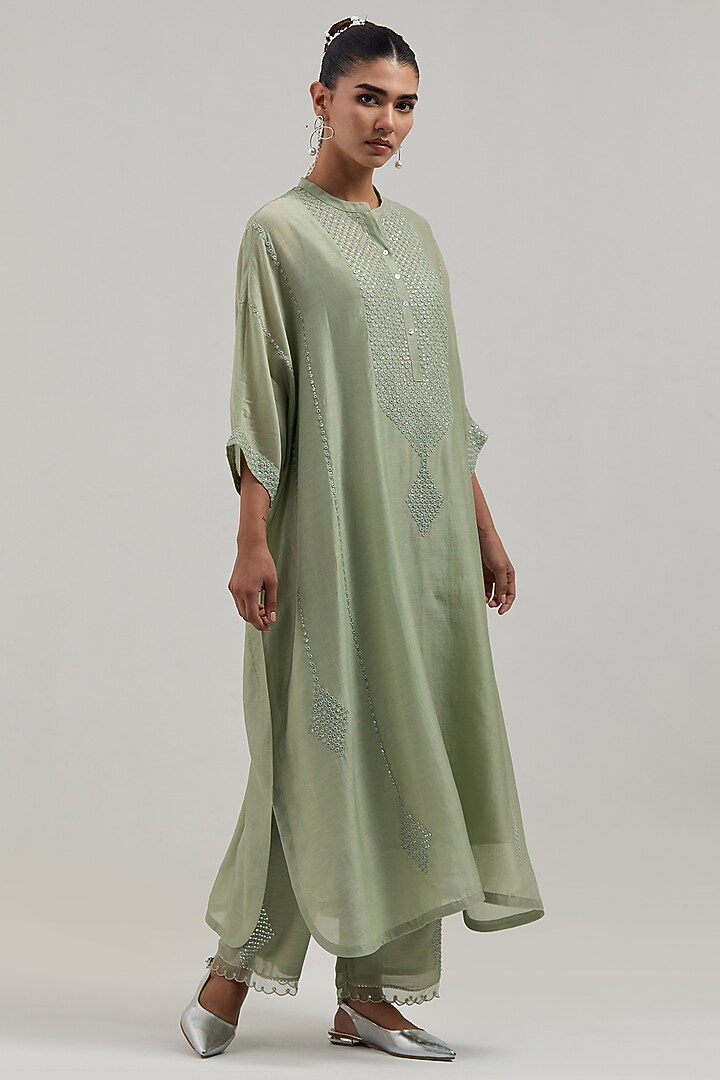 Green Silk Chanderi Mirror Embroidered Kaftan Set by Kora at Pernia's Pop Up Shop